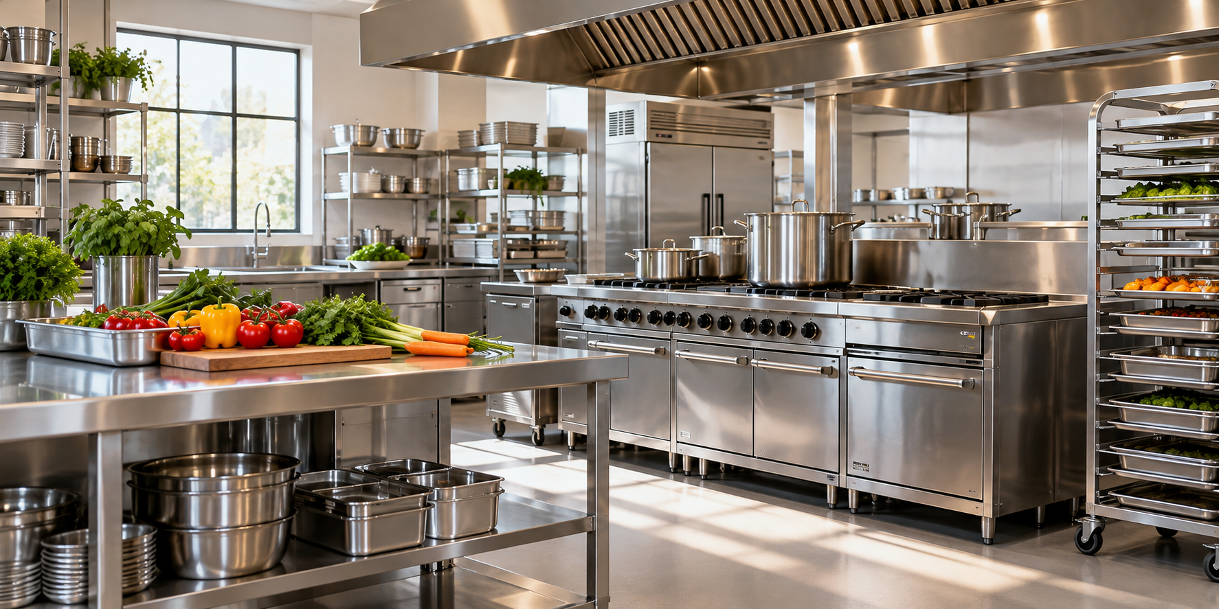 Illustrative commercial catering kitchen with stainless steel prep stations and cooking equipment