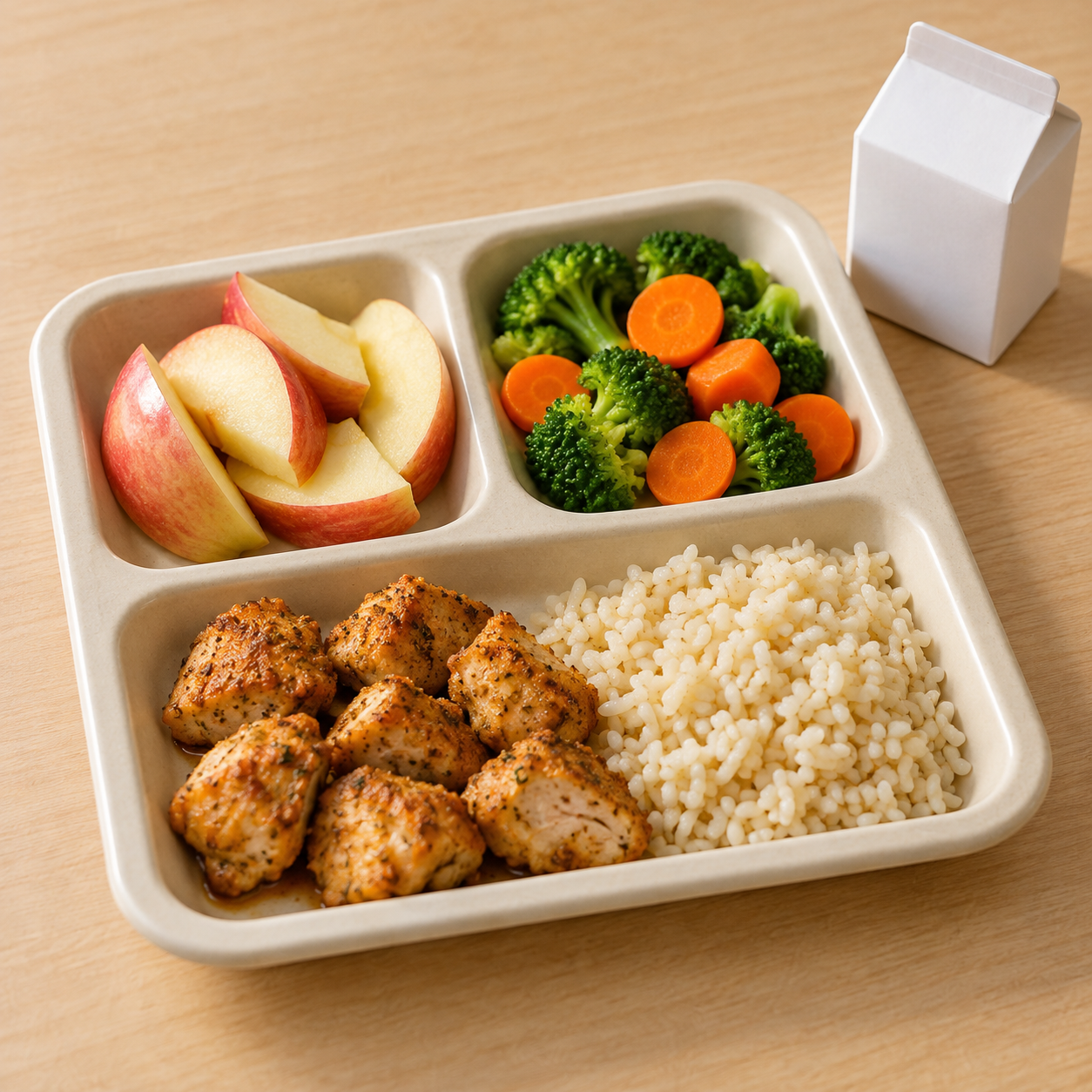 Illustrative school lunch tray with chicken, rice, vegetables, apple slices, and milk